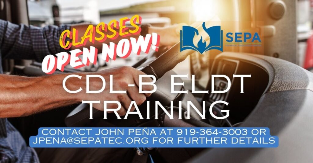 Are you interested in pursuing ELDT training that leads to a CDL B license? Look no further! SEPATEC’s program follows FMCSA regulations and guidelines for theory training, Behind the Wheel, and testing requirements to ensure high-quality education and preparation.